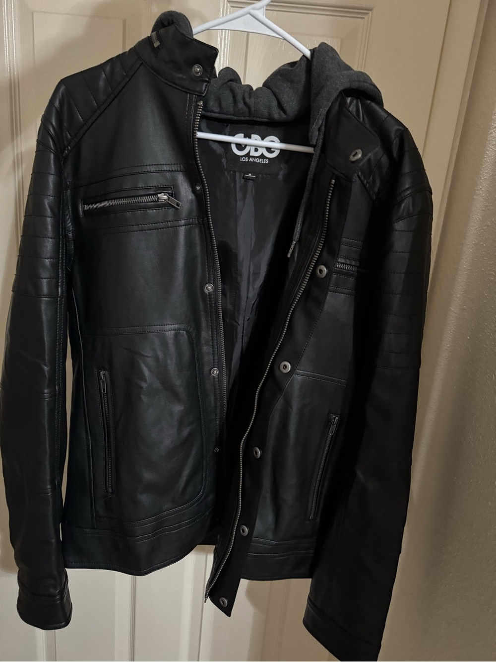 G by GUESS Men’s Black Leather Hooded Moto Jacket